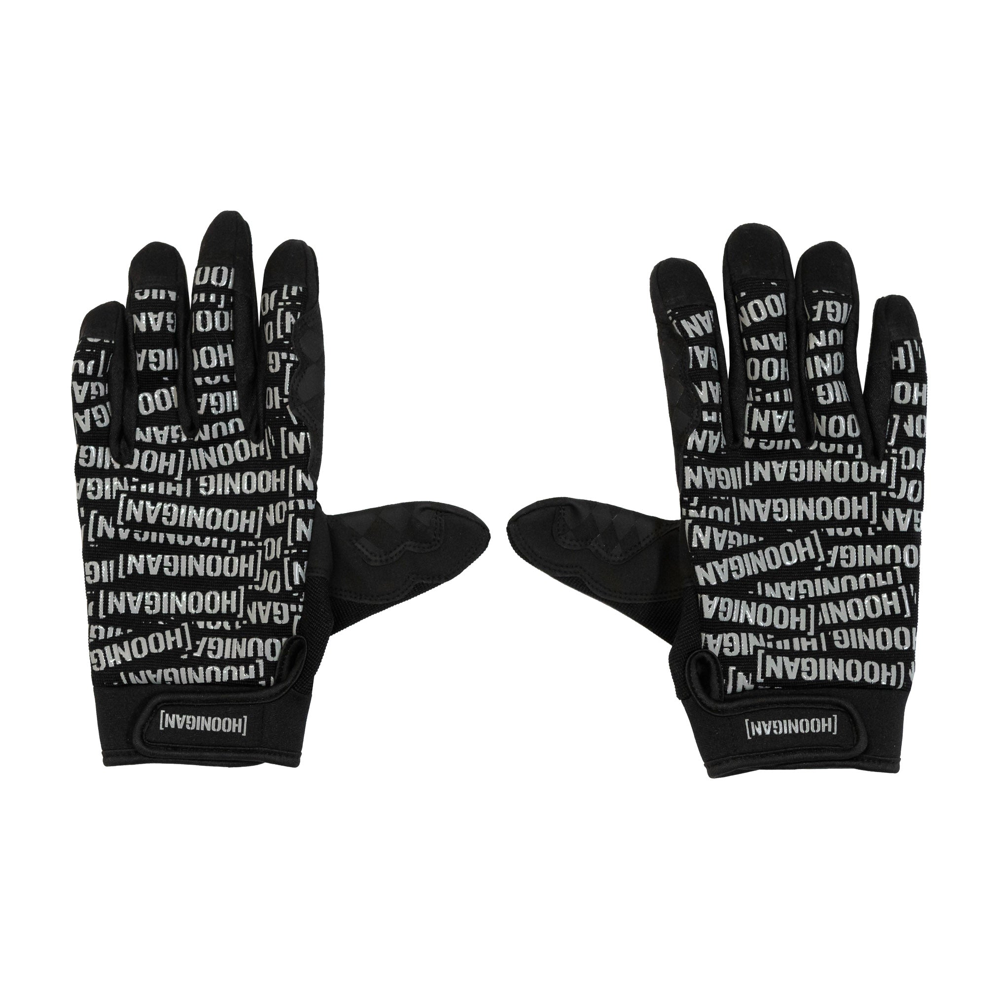 Hoonigan Scatter Censor Bar Logo gloves featuring a bold black design with repeated logo text for automotive enthusiasts.