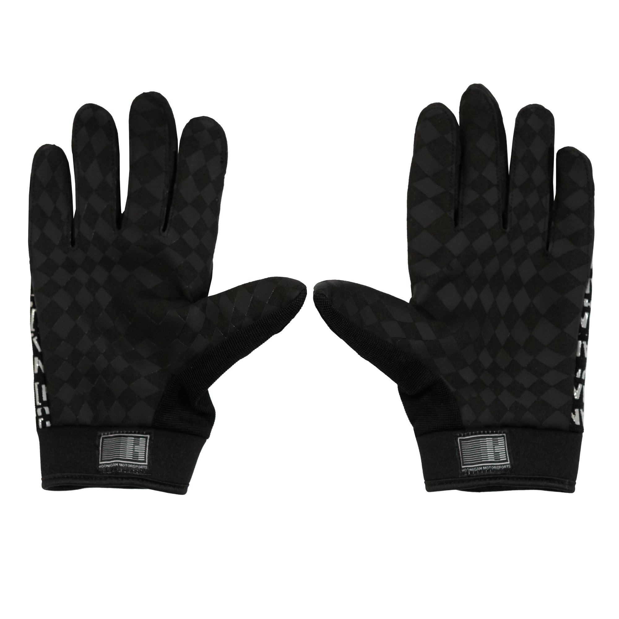 Black Hoonigan Scatter Censor Bar Logo gloves featuring a checkered pattern and snug fit for motorsport enthusiasts.