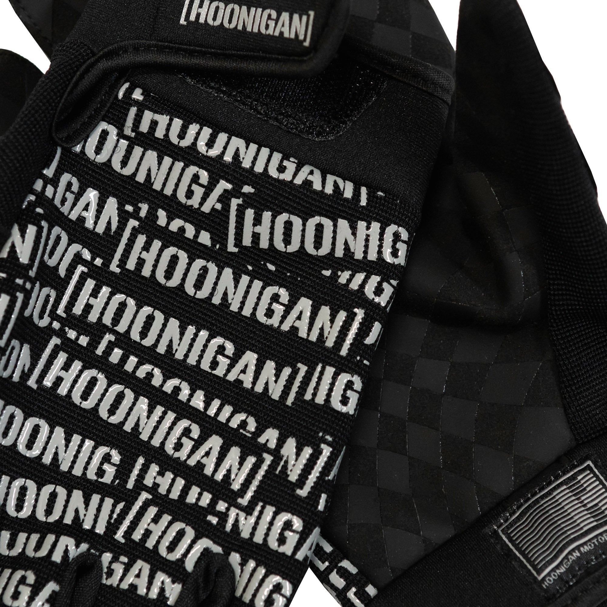 Hoonigan Scatter Censor Bar Logo gloves featuring a bold logo design and textured grip for automotive enthusiasts.