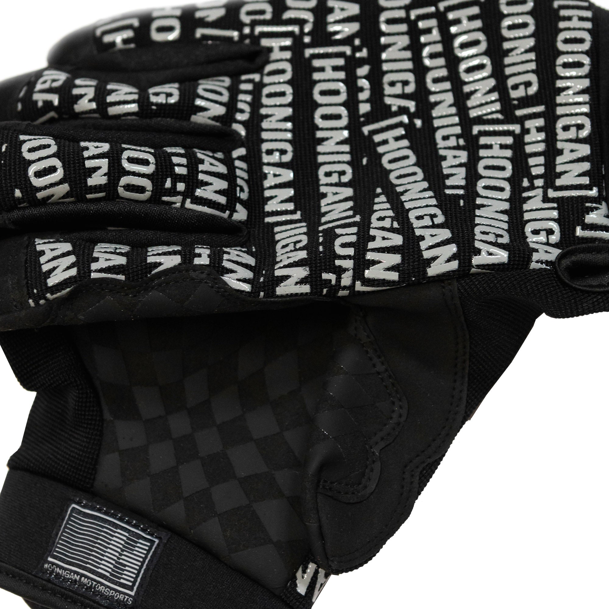 Hoonigan Scatter Censor Bar Logo gloves featuring a bold logo design and a textured grip for motorsport enthusiasts.