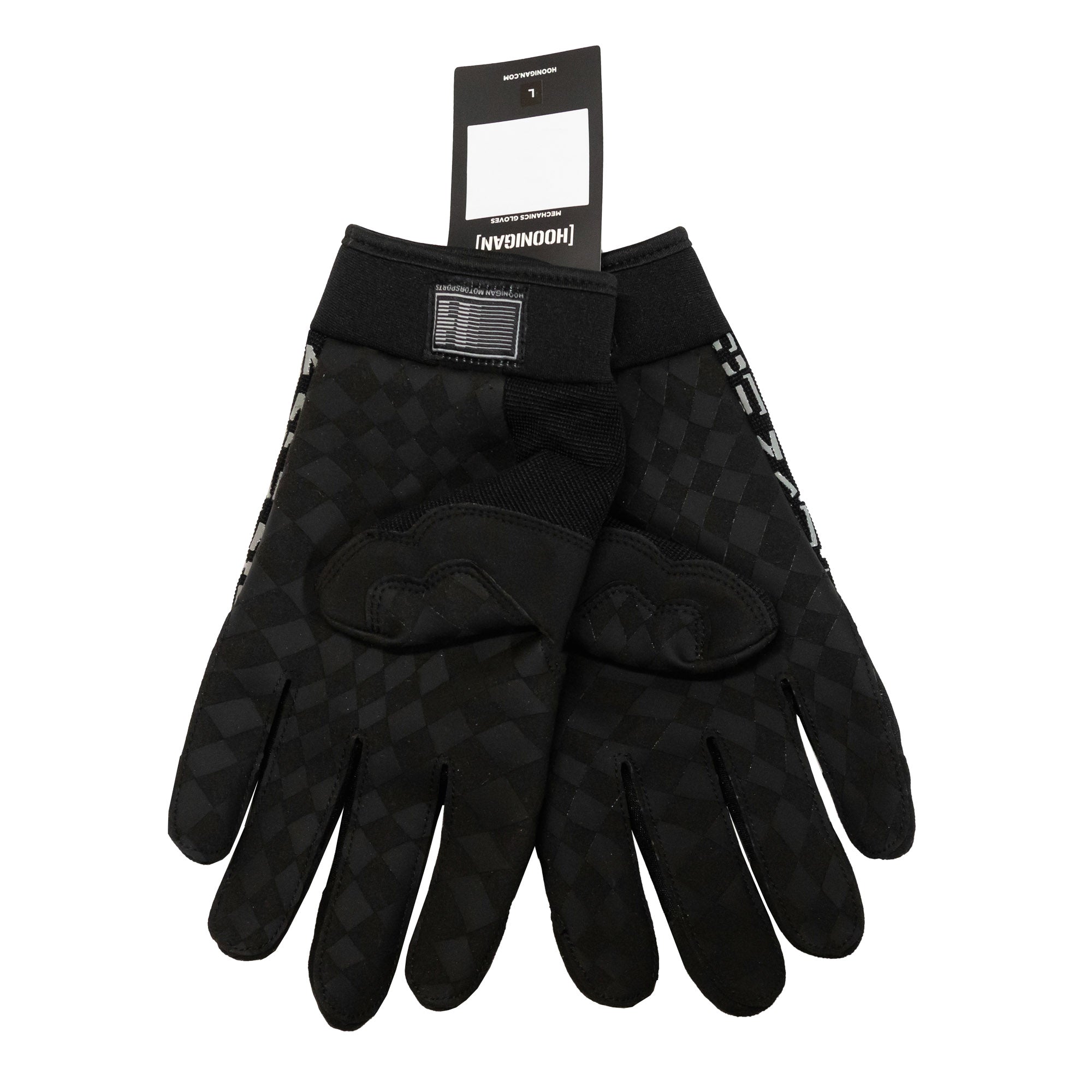 Black Hoonigan Scatter Censor Bar Logo gloves featuring a checkered pattern, designed for motorsport enthusiasts and aggressive driving.