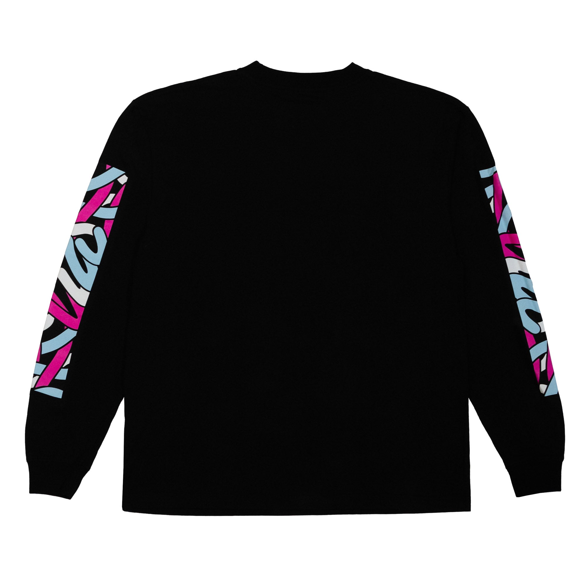 Black long sleeve t-shirt featuring vibrant Hoonigan x Lia Block SCRIPT graphics on both sleeves, perfect for motorsport fans.