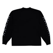 Black long sleeve t-shirt featuring the Hoonigan logo and crossed wrench graphics on the sleeves for automotive enthusiasts.