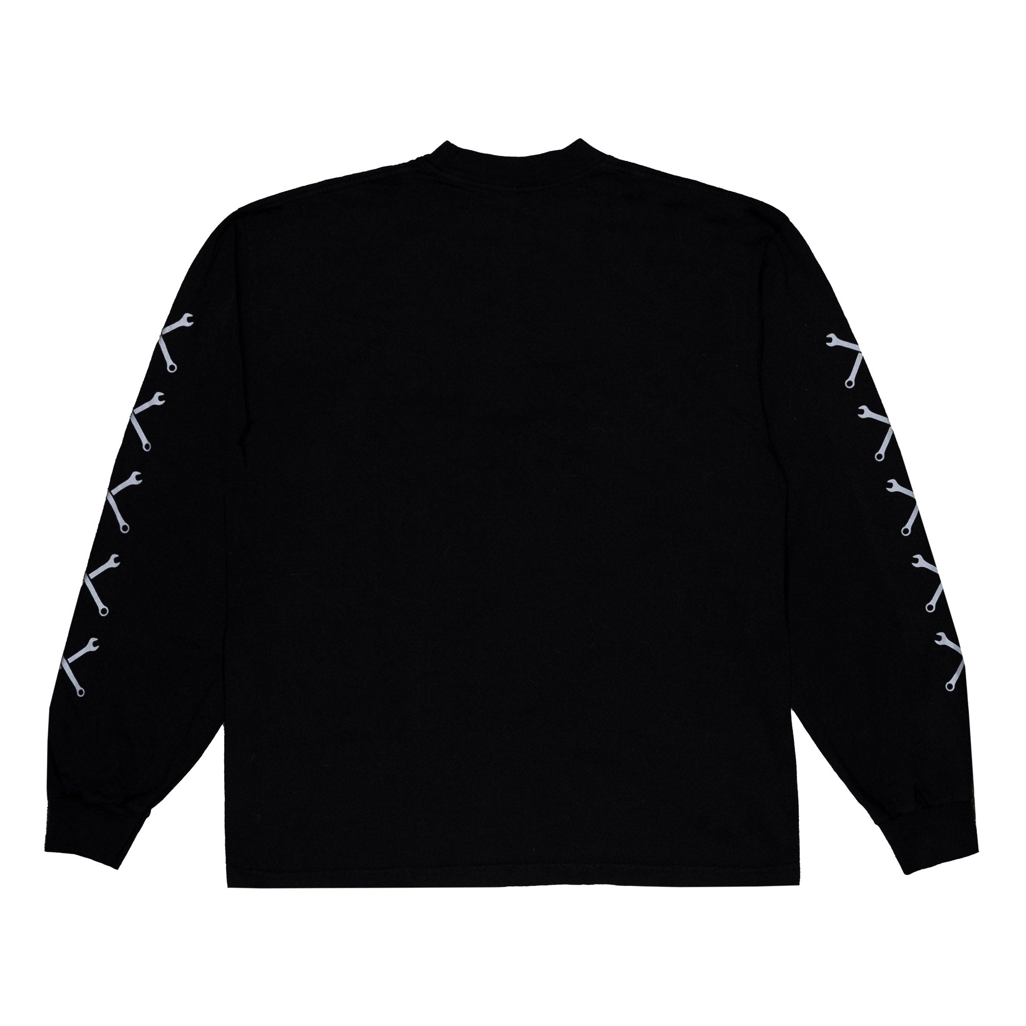 Black long sleeve t-shirt featuring the Hoonigan logo and crossed wrench graphics on the sleeves for automotive enthusiasts.