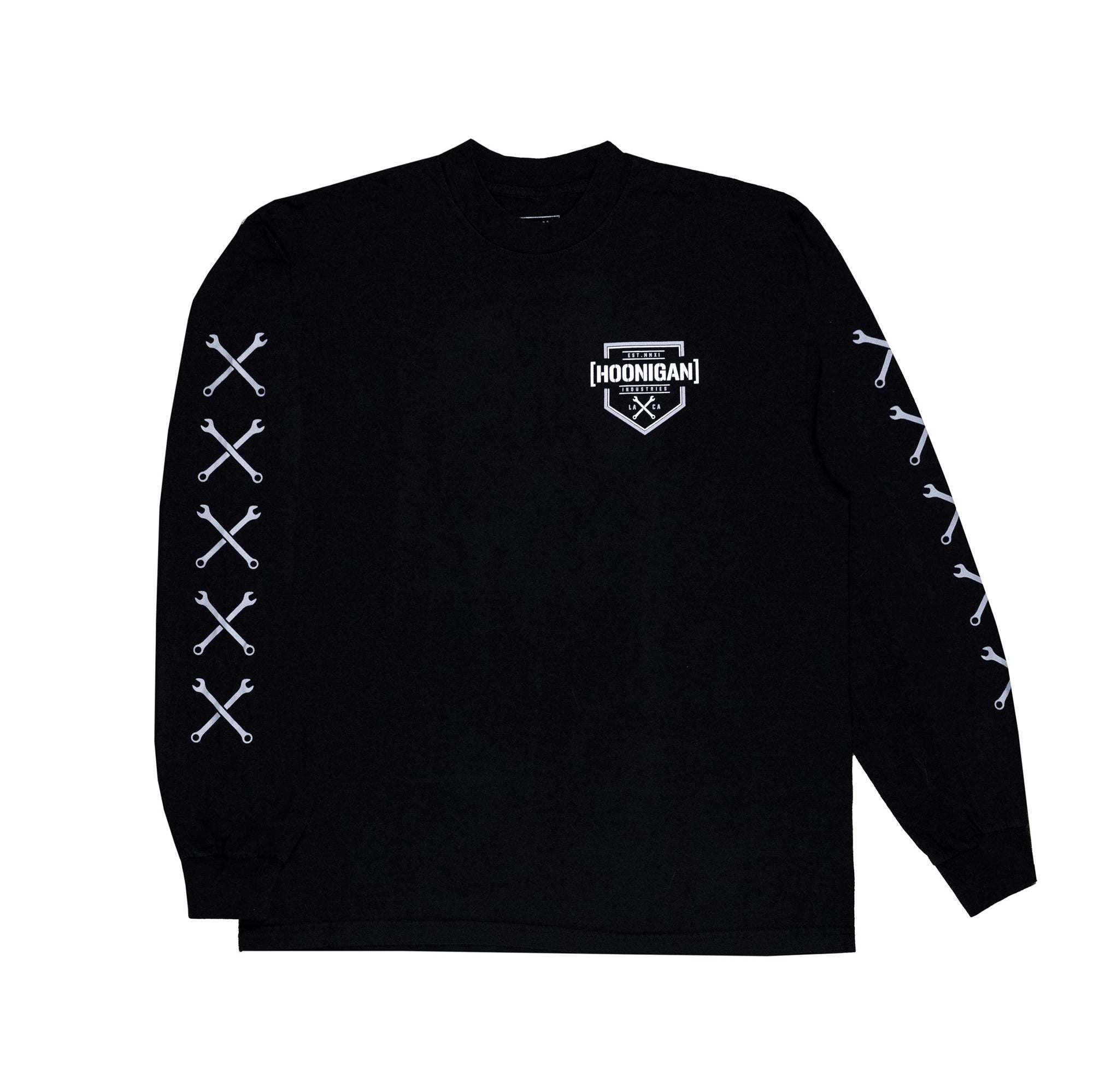 Black long sleeve t-shirt featuring Hoonigan logo on the chest and crossed wrench graphics on the sleeves.