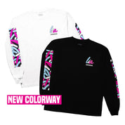 Hoonigan x Lia Block SCRIPT Long Sleeve T-Shirt in black and white, featuring vibrant graphic designs on sleeves.