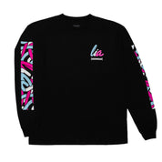 Black long sleeve t-shirt featuring colorful Hoonigan x Lia Block graphics on the front and sleeves, perfect for motorsport fans.