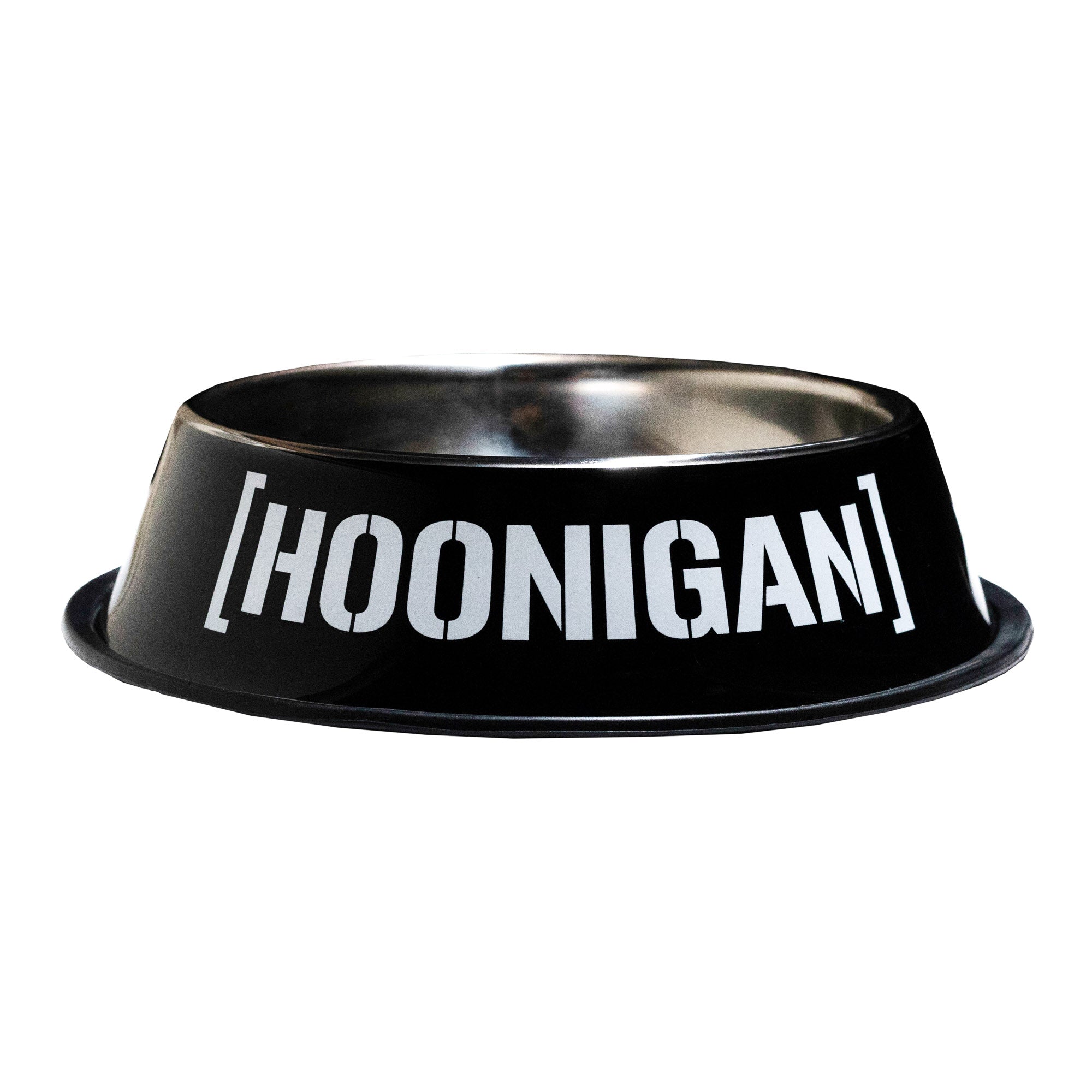 Hoonigan CENSOR BAR BRACKET LOGO metal dog bowl featuring a sleek black design with bold white logo text.