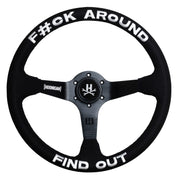 Limited edition Hoonigan steering wheel featuring bold text and a sleek design for motorsport enthusiasts.