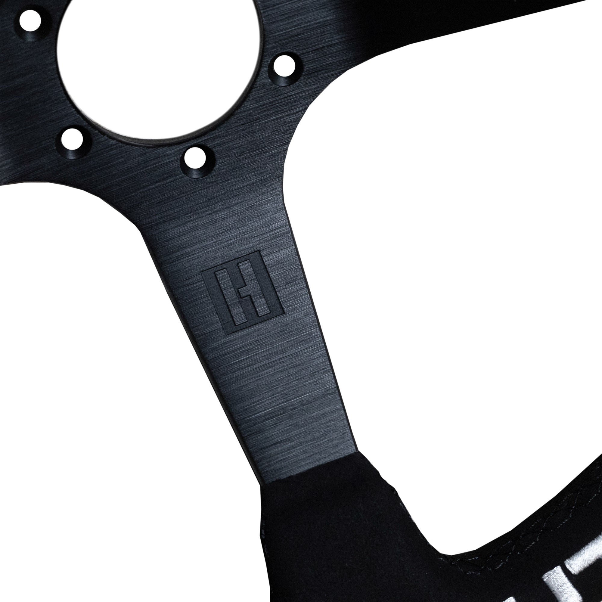 Close-up of the Hoonigan FIND OUT Limited Edition Steering Wheel showcasing its sleek design and logo detail.