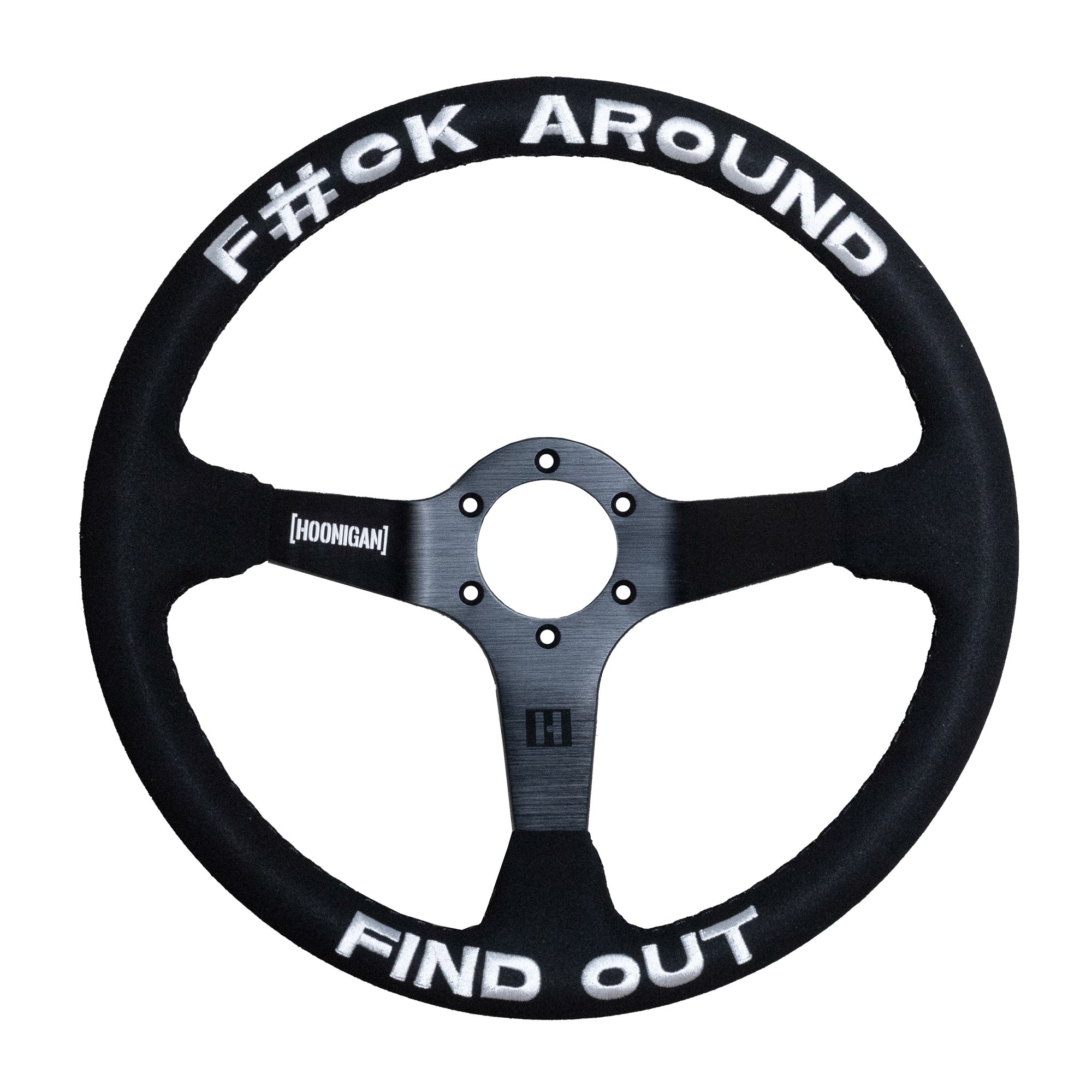 Limited edition Hoonigan steering wheel featuring bold text design, perfect for motorsport enthusiasts and aggressive driving.