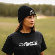 Black Rhino short sleeve tee in a classic black color, featuring a bold graphic design on the front.