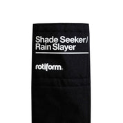 Black Rotiform Shade Seeker umbrella featuring bold white text branding, designed for sun and rain protection.