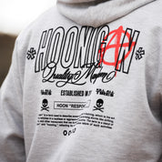 Hoonigan HOONARCHY Pullover Hoodie in black, featuring bold white Hoonigan logo and graphic design on the front.