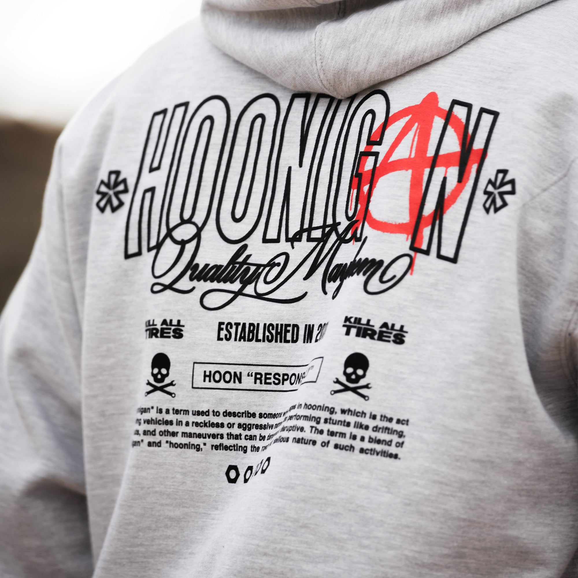 Hoonigan HOONARCHY Pullover Hoodie in black, featuring bold white Hoonigan logo and graphic design on the front.