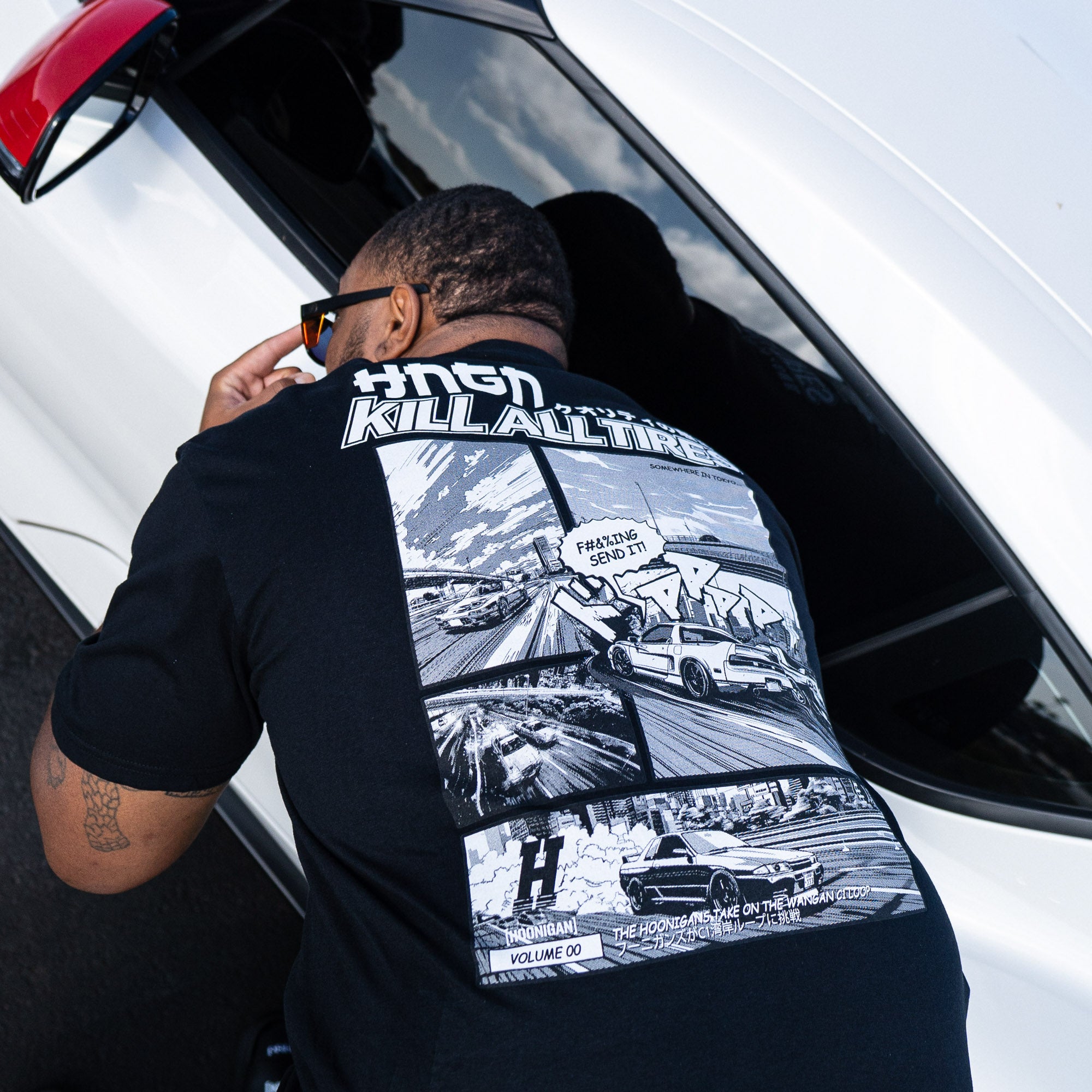 Hoonigan WANGAN C1 Short Sleeve Tee featuring bold graphic design showcasing car culture and aggressive driving.
