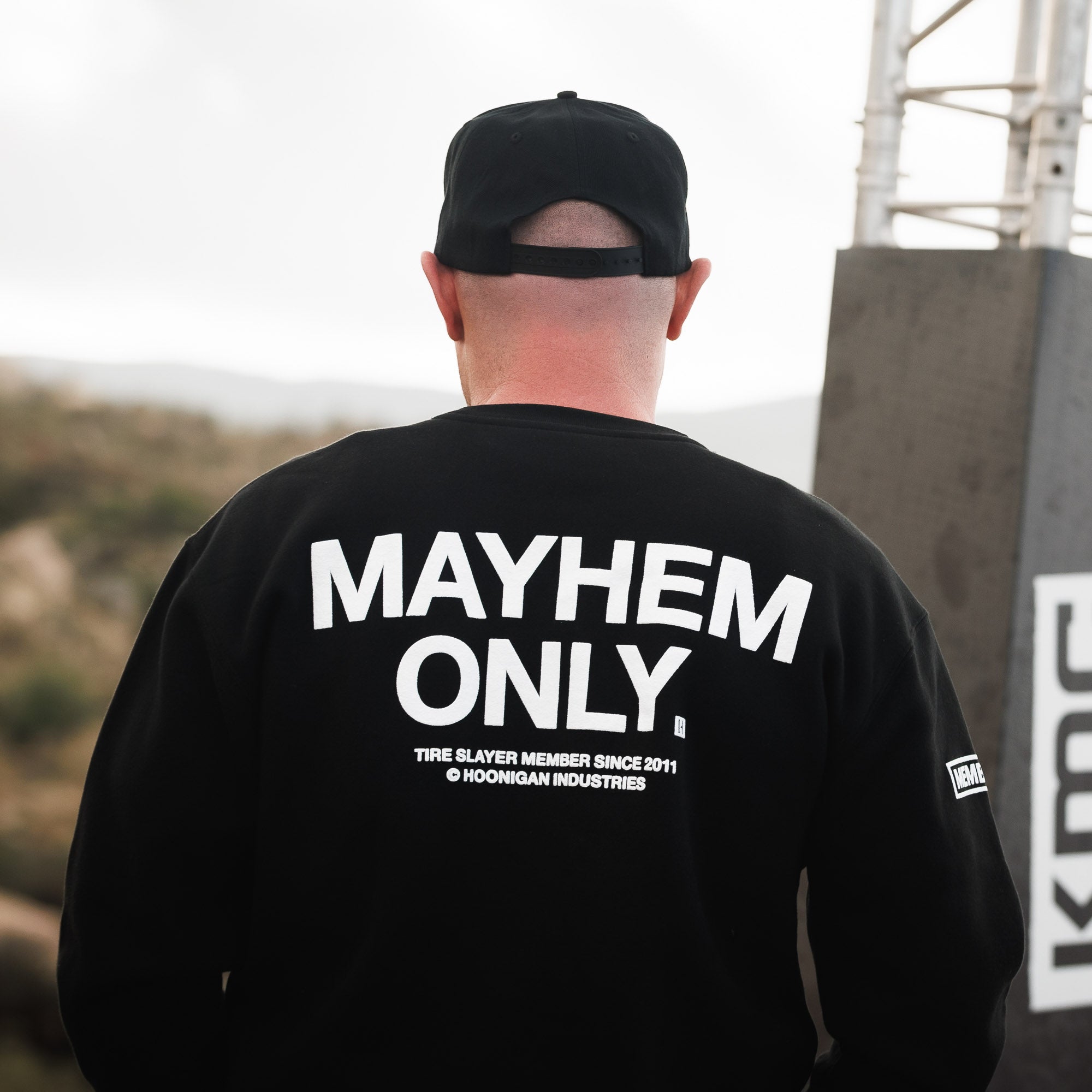 Hoonigan MAYHEM Crewneck Pullover Sweatshirt in black with bold white graphic logo on the front.