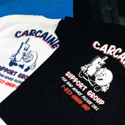 Hoonigan CARCAINE SUPPORT GROUP short sleeve t-shirt featuring a bold graphic design in white on a black background.