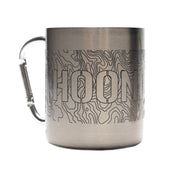 Stainless steel carabiner mug with topographic map design and "HOONIGAN" logo, featuring a built-in carabiner handle for easy carrying.
