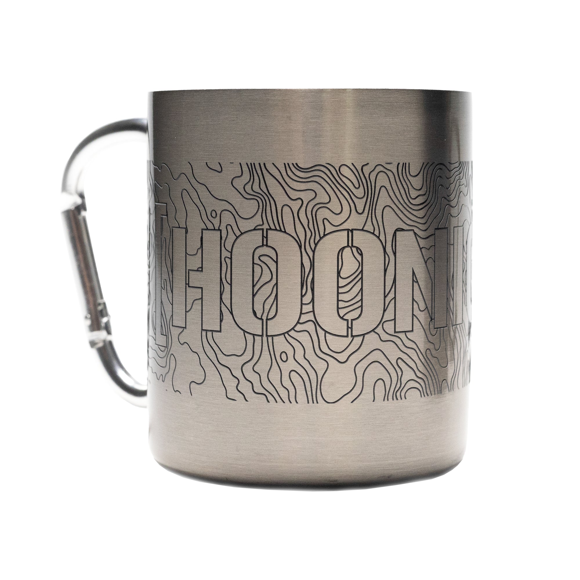 Stainless steel carabiner mug with topographic map design and "HOONIGAN" logo, featuring a built-in carabiner handle for easy carrying.