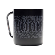 Black carabiner mug with topographic line design and bold "HOONIGAN" text, featuring a built-in carabiner handle for outdoor use.