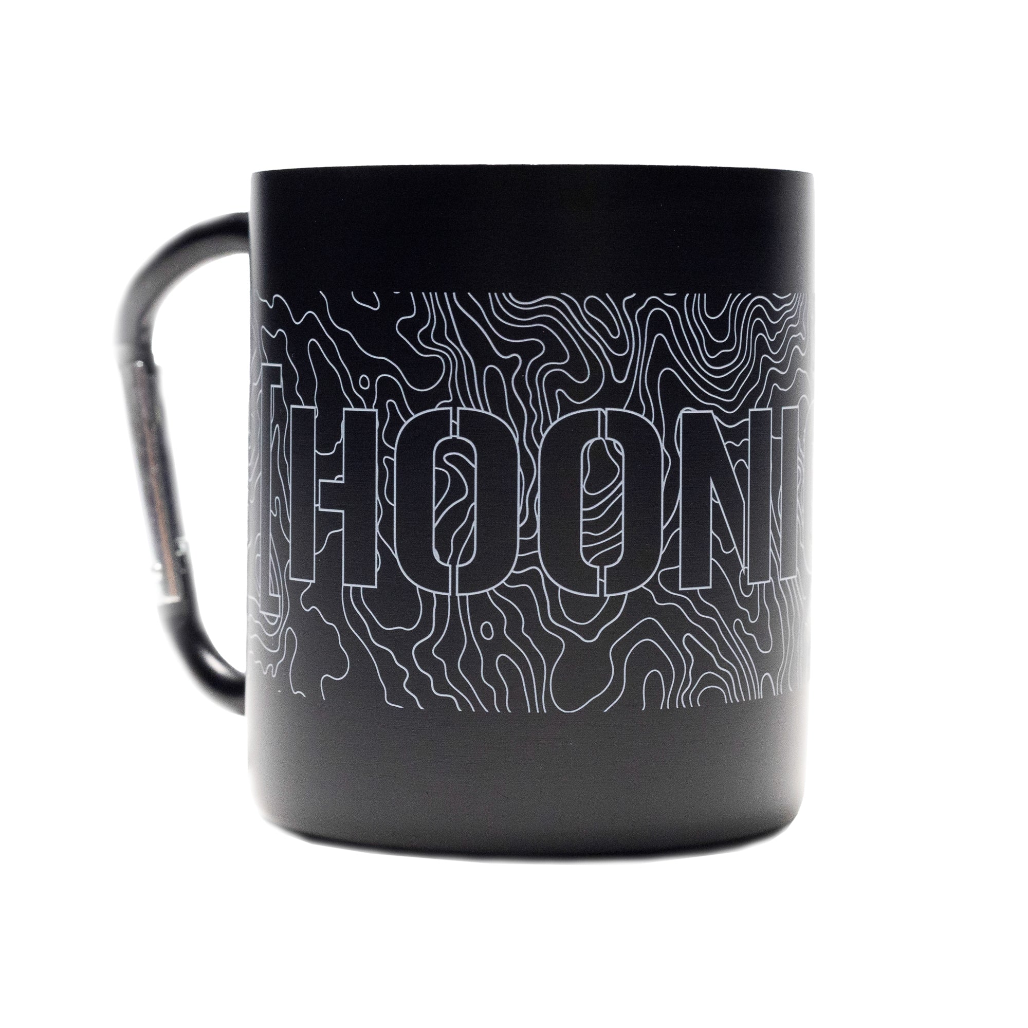 Black carabiner mug with topographic line design and bold "HOONIGAN" text, featuring a built-in carabiner handle for outdoor use.