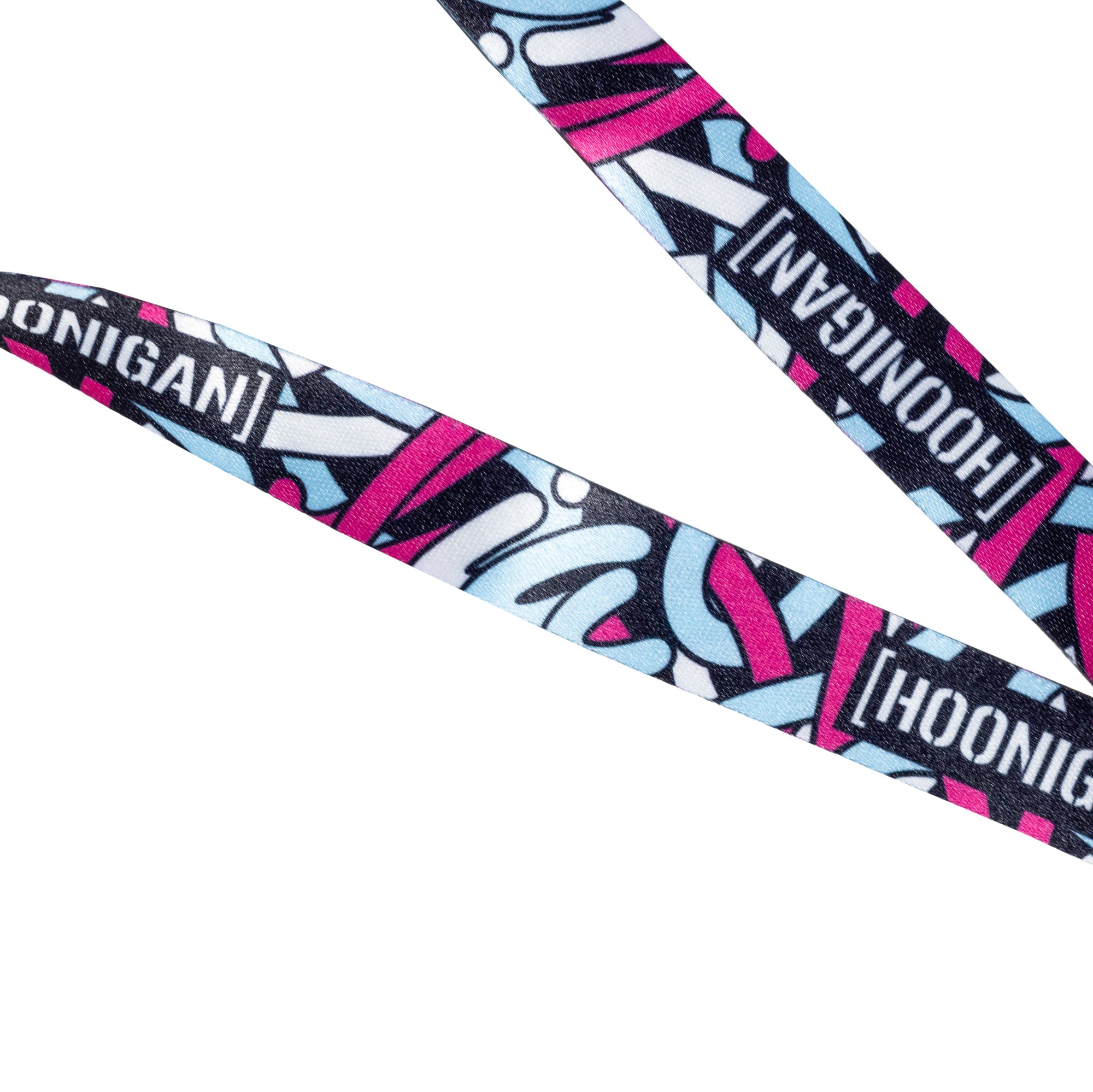 Colorful Hoonigan x Lia Block SCRIPT lanyard featuring bold graphics and branding, perfect for motorsport enthusiasts.