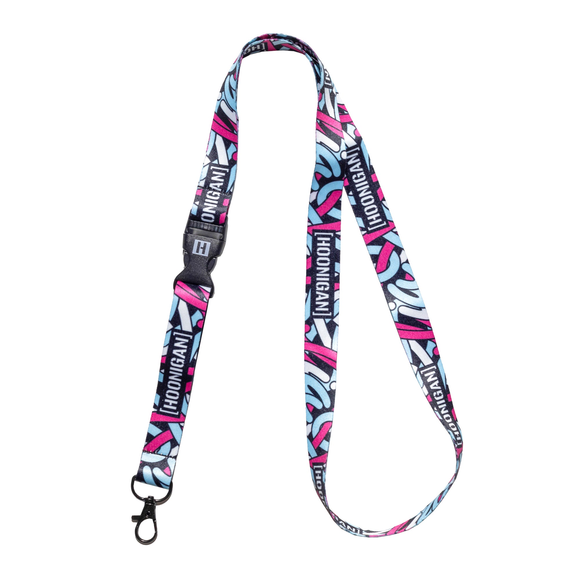 Colorful Hoonigan x Lia Block SCRIPT lanyard featuring bold branding and a secure clip for keys or ID badges.