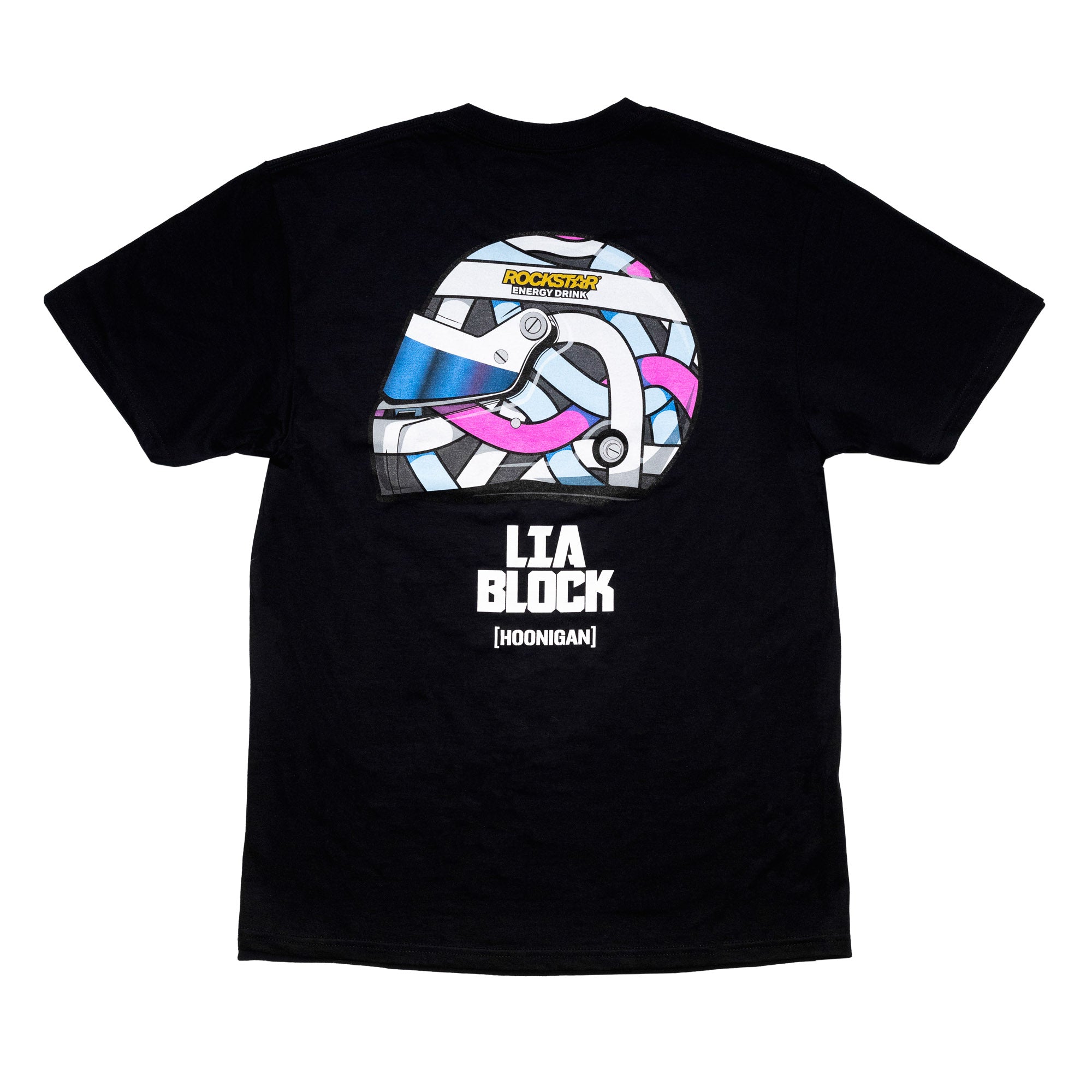 Black short sleeve t-shirt featuring a colorful helmet graphic and "LIA BLOCK" text on the back, celebrating motorsport culture.