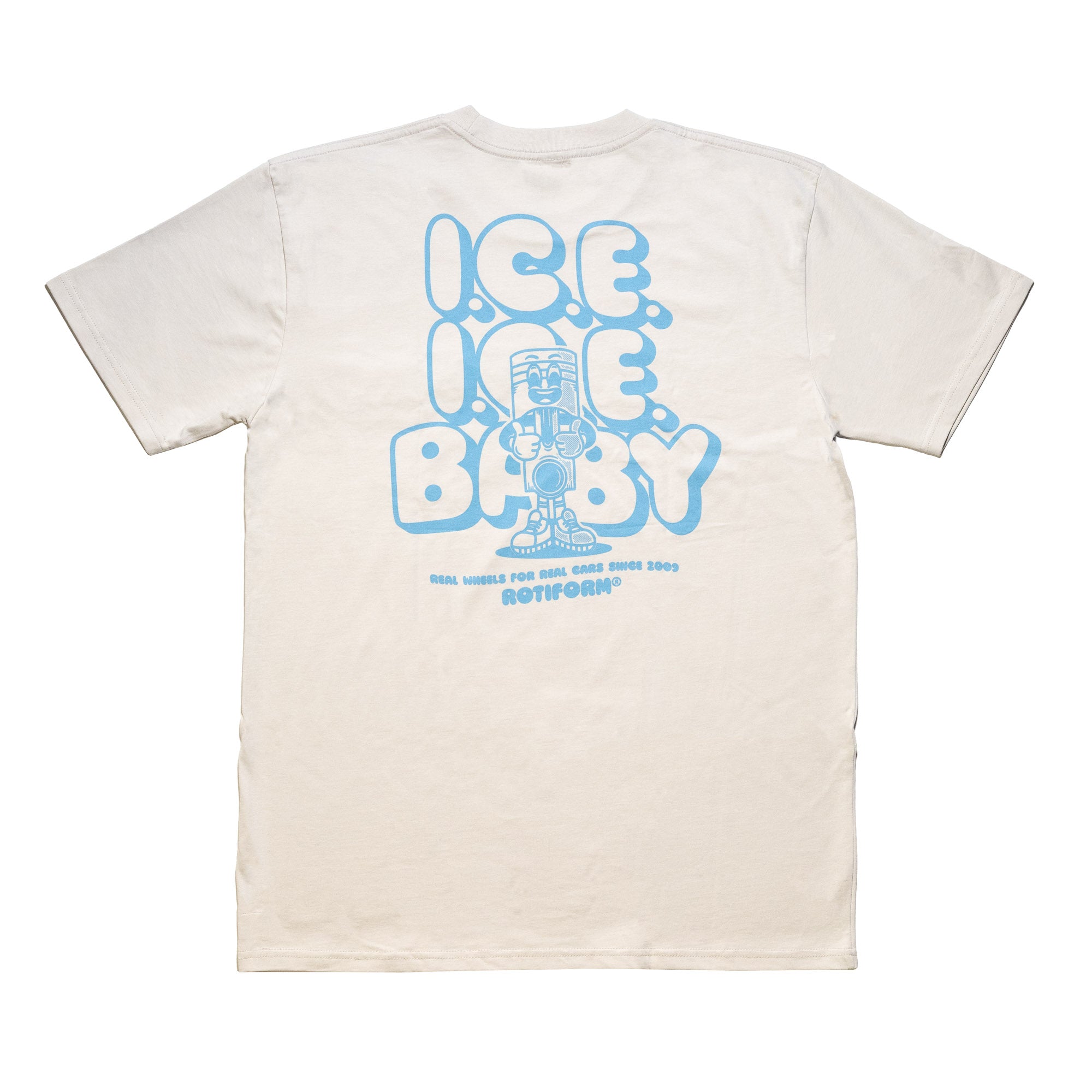 Rotiform COMBUST Short Sleeve T-Shirt featuring a playful "Ice Ice Baby" graphic in blue on a cream background.