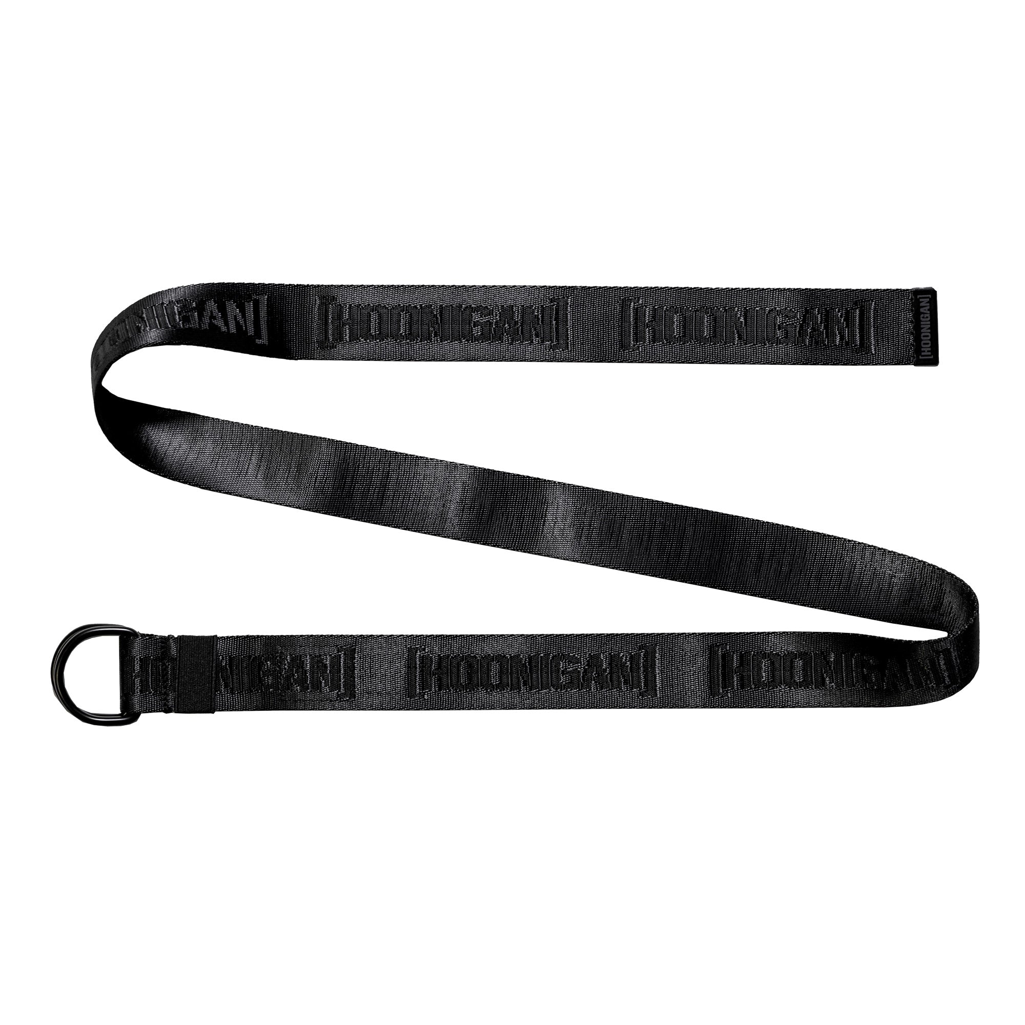 Reversible Hoonigan CAUTION TAPE belt featuring a sleek black design with bold logo detailing for automotive enthusiasts.