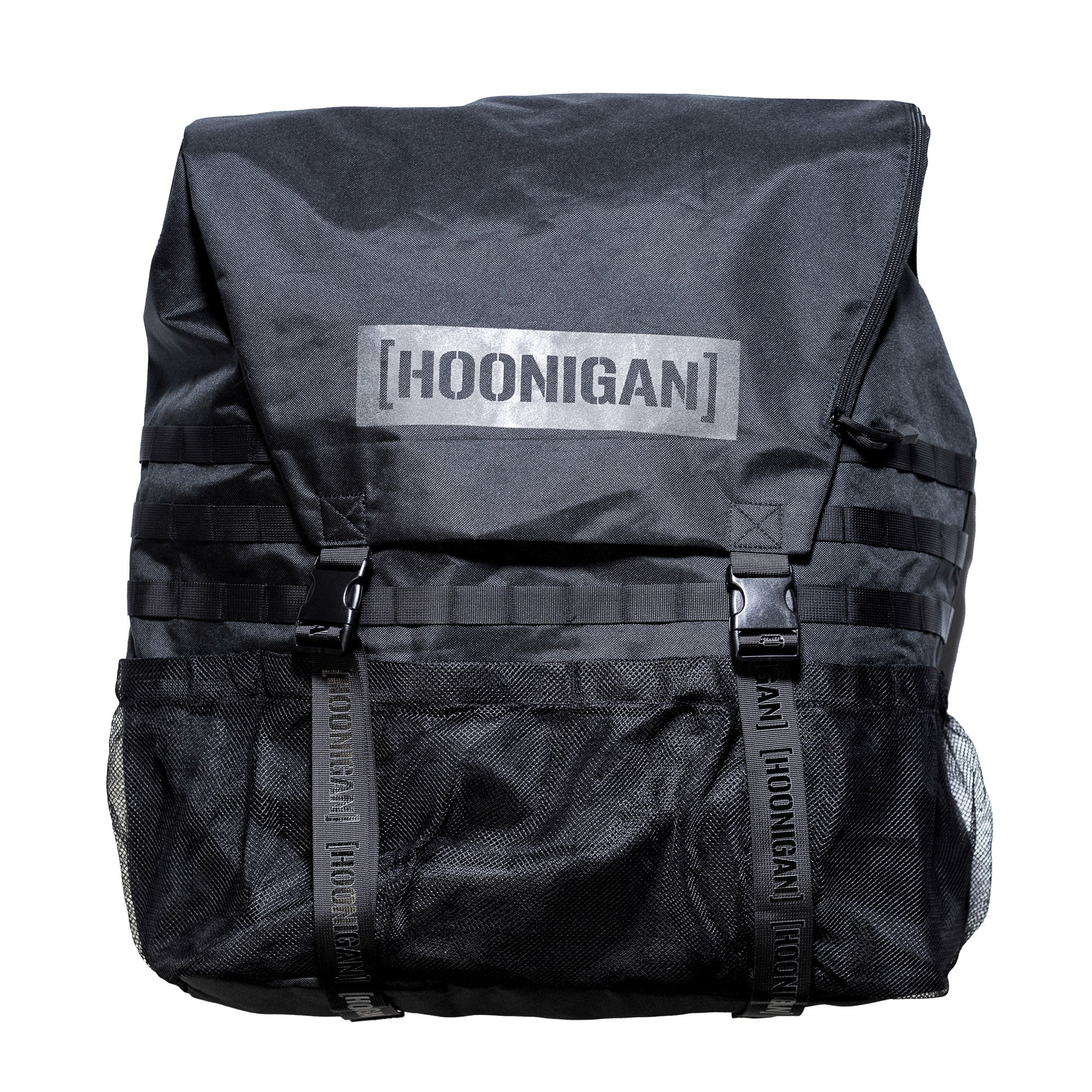 Hoonigan CENSOR BAR spare tire backpack features a sleek black design with adjustable straps and mesh pockets for storage.