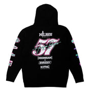 Black pullover hoodie featuring bold graphics and logos from Hoonigan and Shreddy on the back, perfect for motorsport fans.