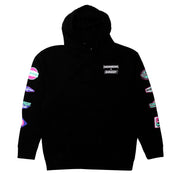 Black pullover hoodie featuring Hoonigan and Shreddy logos on the front and sleeves, perfect for motorsport enthusiasts.
