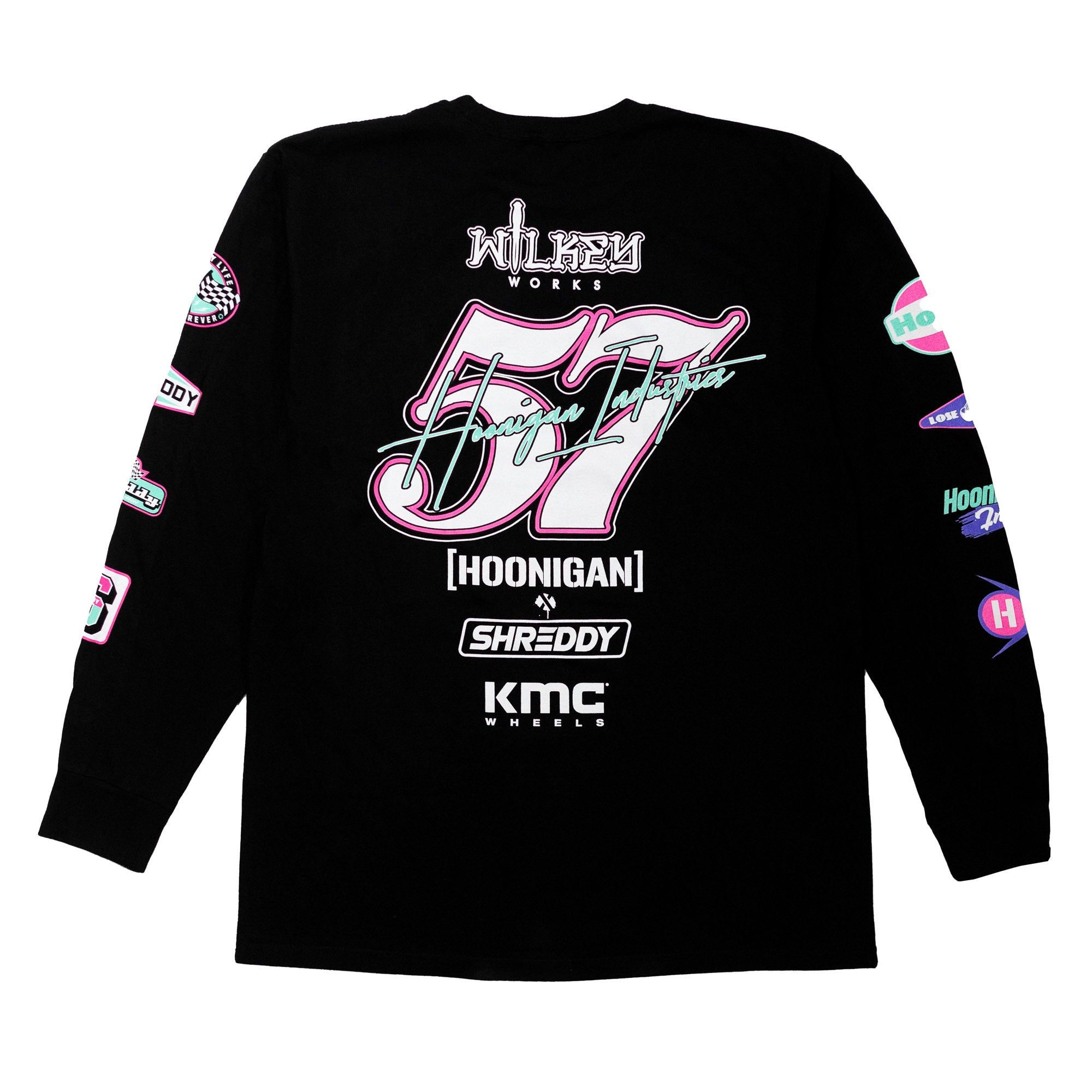 Black long sleeve t-shirt featuring Hoonigan x Shreddy 57 graphic and logos on the back and sleeves for motorsport enthusiasts.