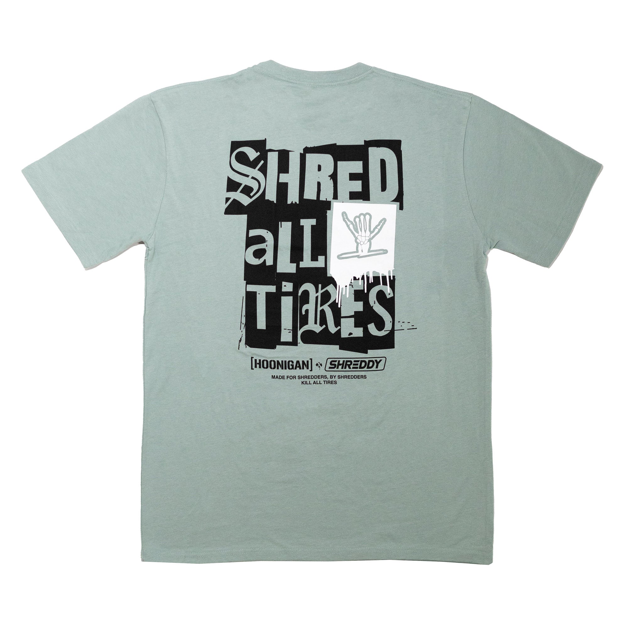 Light green short sleeve t-shirt featuring bold "SHRED ALL TIRES" graphic on the back, designed for automotive enthusiasts.