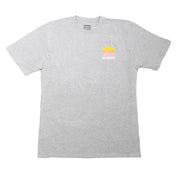 Gray short sleeve t-shirt featuring a colorful Hoonigan x Shreddy graphic of a sun and desert scene on the chest.