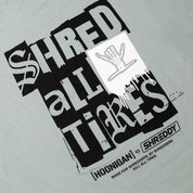 Hoonigan x Shreddy SHRED ALL TIRES short sleeve t-shirt featuring bold graphic print and unique design for car enthusiasts.