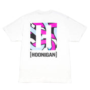 White short sleeve t-shirt featuring a vibrant Hoonigan logo design on the back in pink and blue colors.