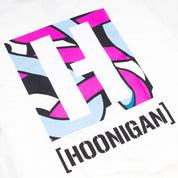 Hoonigan x Lia Block H BOX Short Sleeve T-Shirt featuring a bold graphic logo in vibrant colors on a white background.