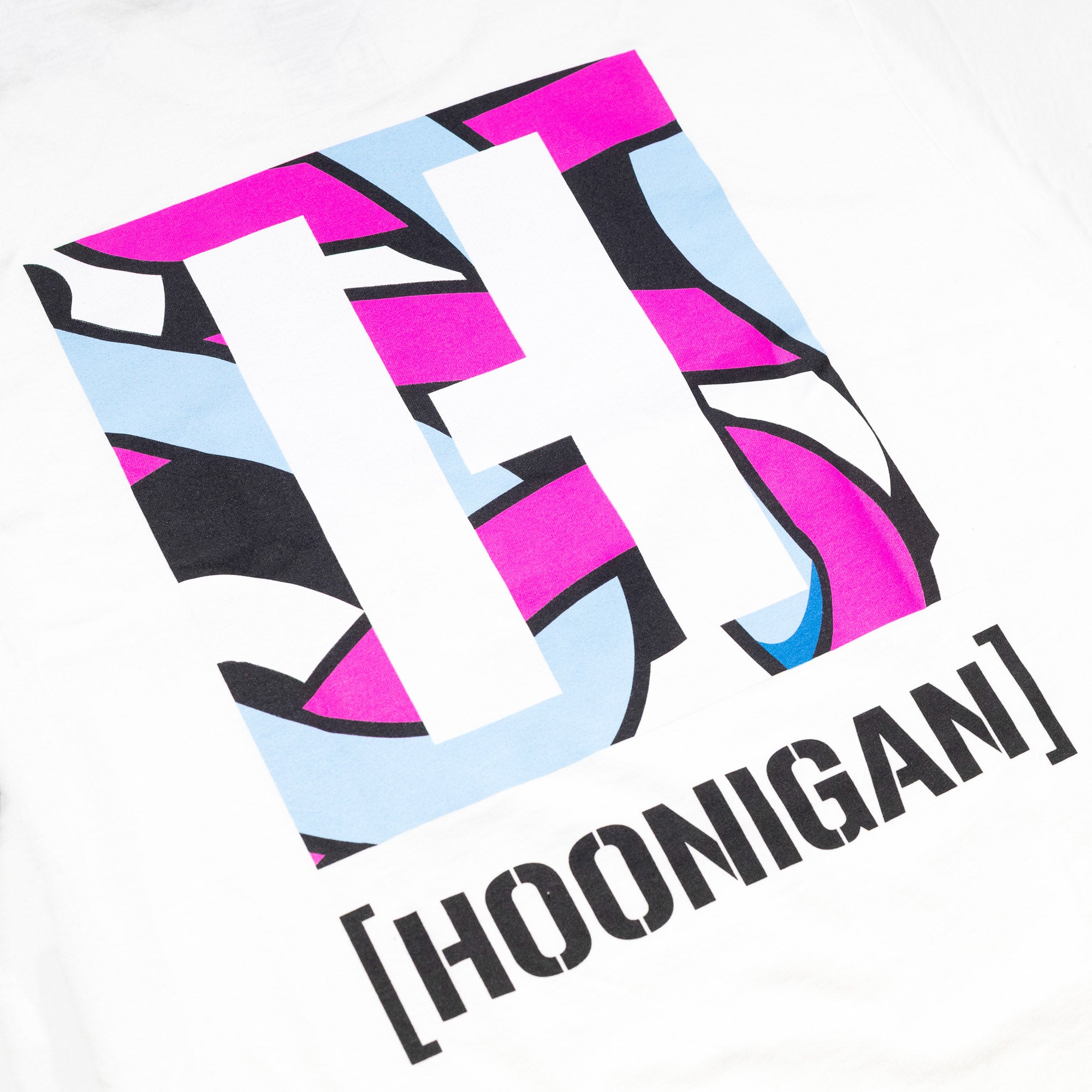 Hoonigan x Lia Block H BOX Short Sleeve T-Shirt featuring a bold graphic logo in vibrant colors on a white background.