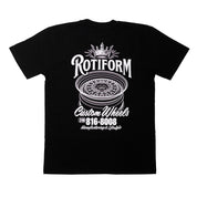 Black short sleeve t-shirt featuring a large Rotiform wheel graphic and logo on the back, ideal for car enthusiasts.