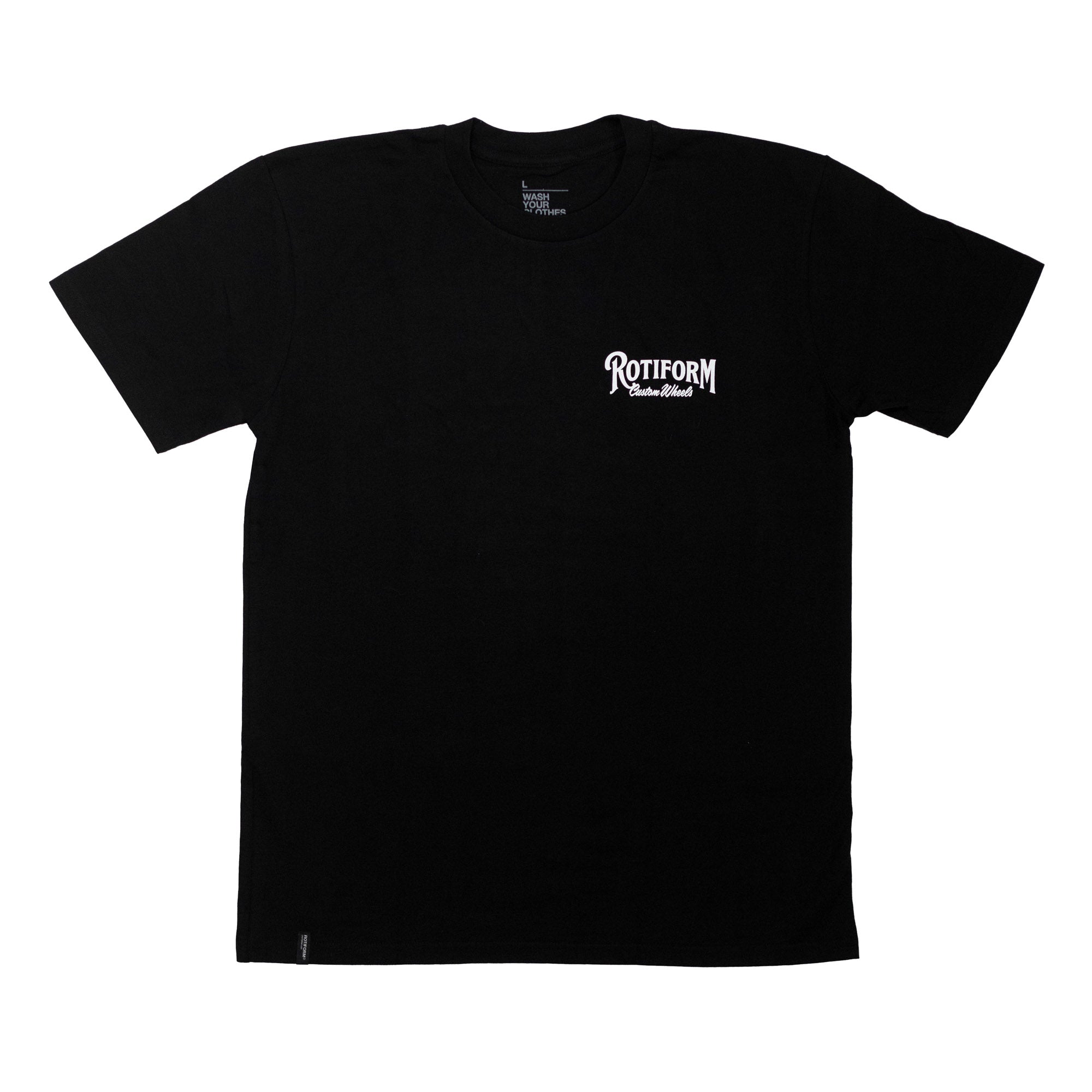 Black short sleeve t-shirt featuring the Rotiform logo on the left chest, ideal for automotive enthusiasts.