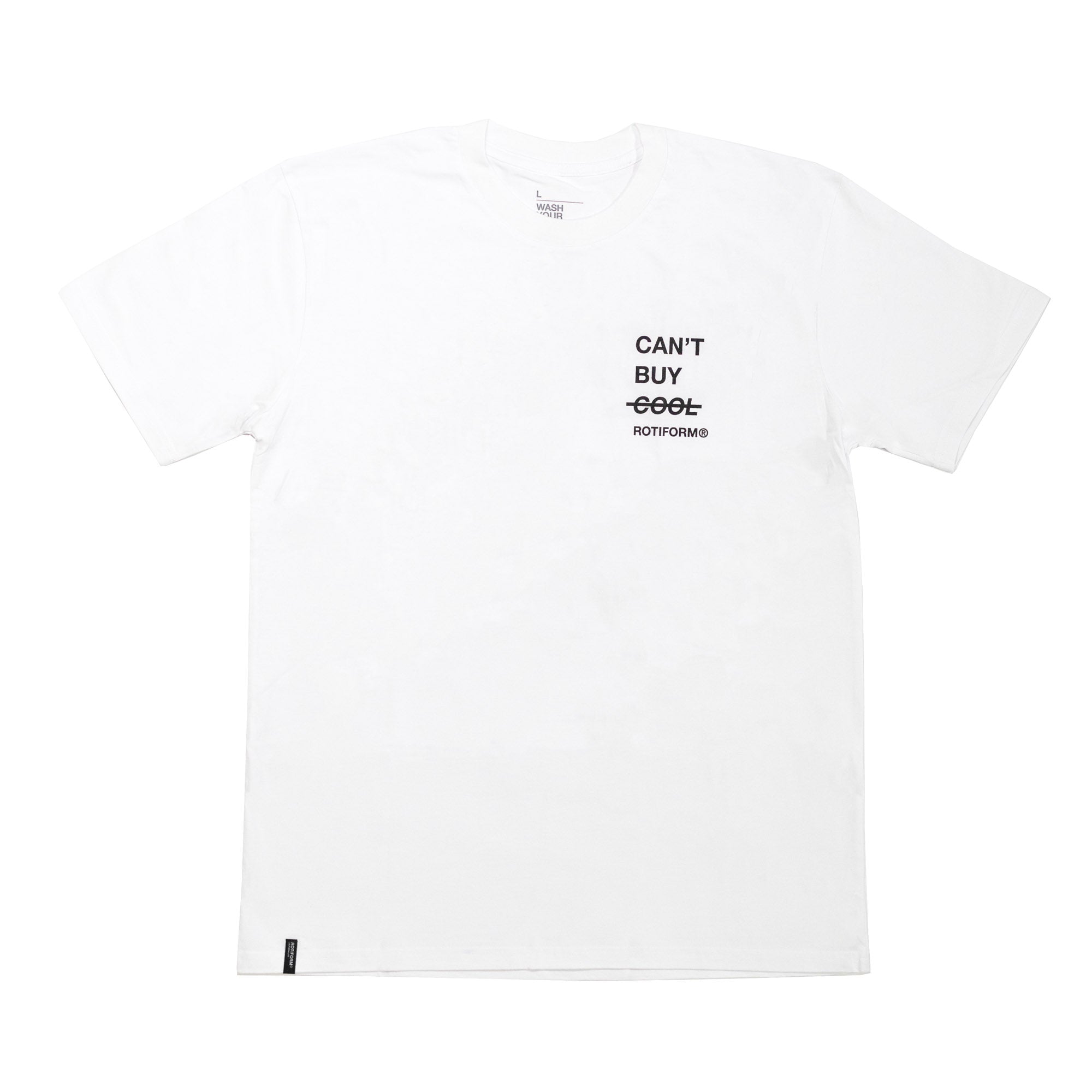 White short sleeve t-shirt featuring "Can't Buy Cool" graphic and Rotiform branding, perfect for car enthusiasts.