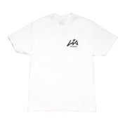 White short sleeve t-shirt featuring Hoonigan and Lia Block logos, perfect for motorsport enthusiasts and casual wear.
