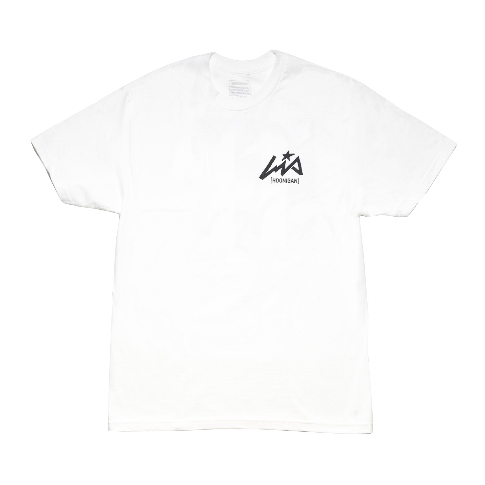 White short sleeve t-shirt featuring Hoonigan and Lia Block logos, perfect for motorsport enthusiasts and casual wear.
