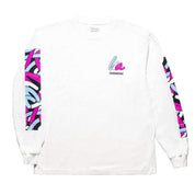 Hoonigan x Lia Block SCRIPT Long Sleeve T-Shirt featuring colorful graphic designs on sleeves and front logo.