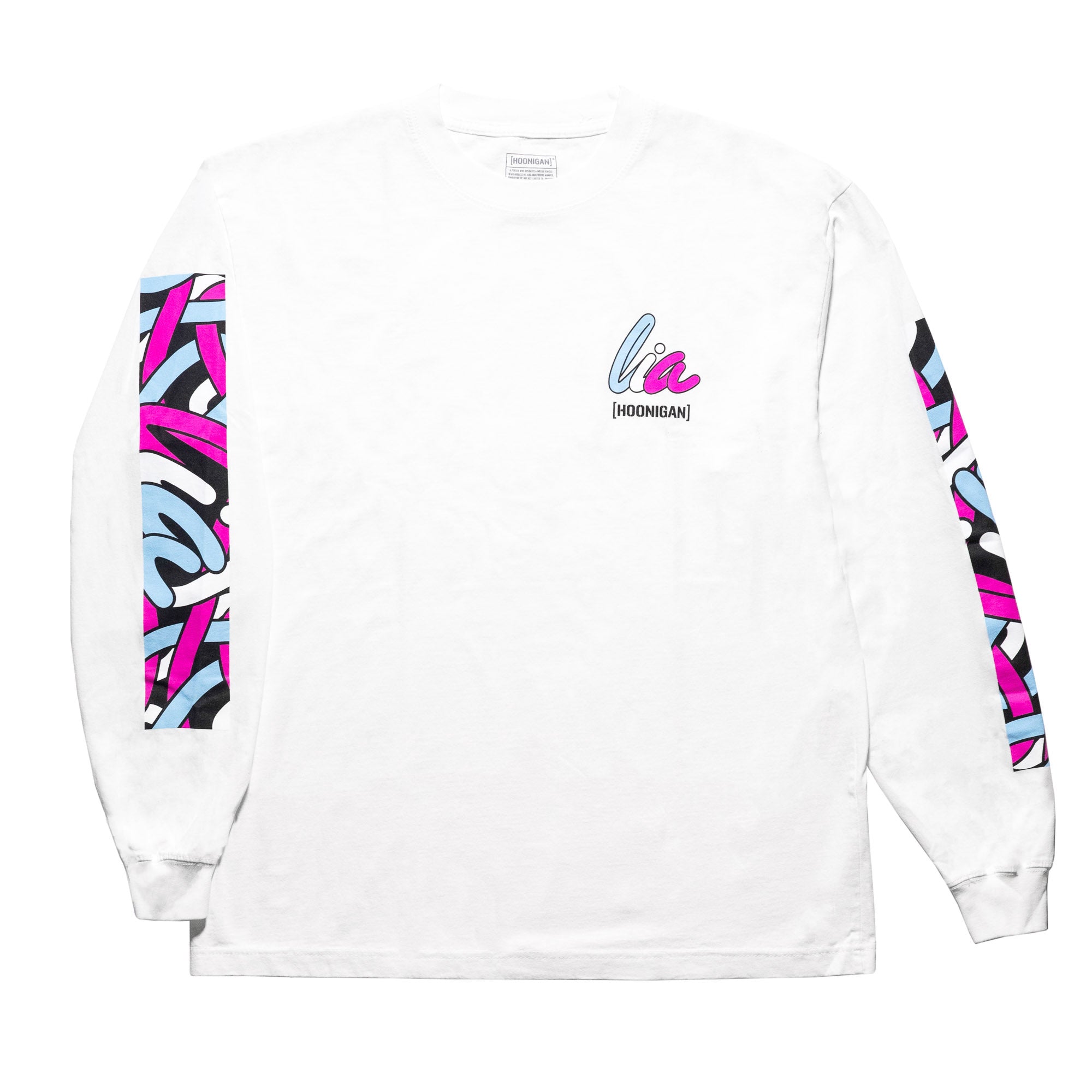 White long sleeve t-shirt featuring colorful Hoonigan x Lia Block graphics on sleeves and chest, perfect for motorsport fans.