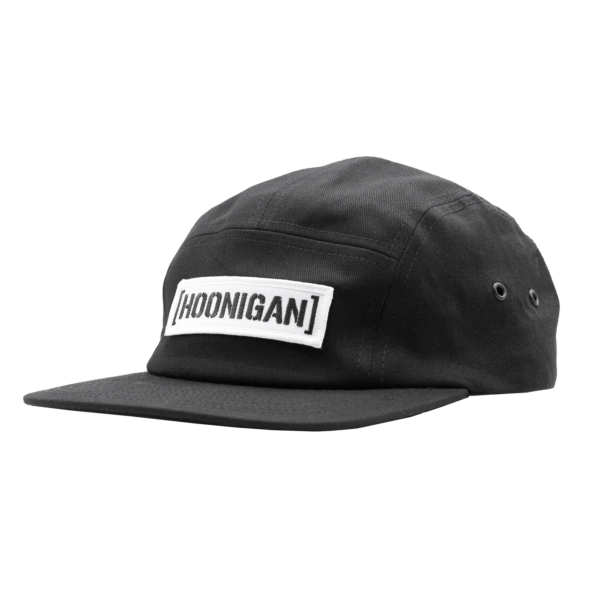 Black unstructured strapback hat featuring a prominent embroidered Hoonigan logo on the front. Ideal for motorsport enthusiasts.
