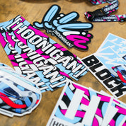 Hoonigan x Lia Block helmet sticker featuring vibrant colors and bold graphics, perfect for motorsport enthusiasts.